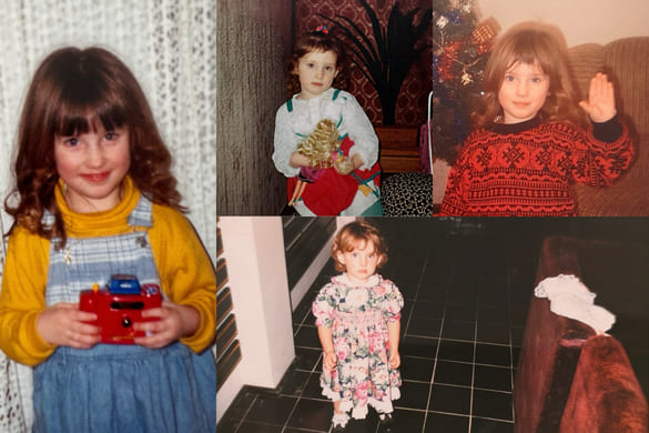 A collage of four childhood photographs of Gigi, who has cut her own hair in two of them.